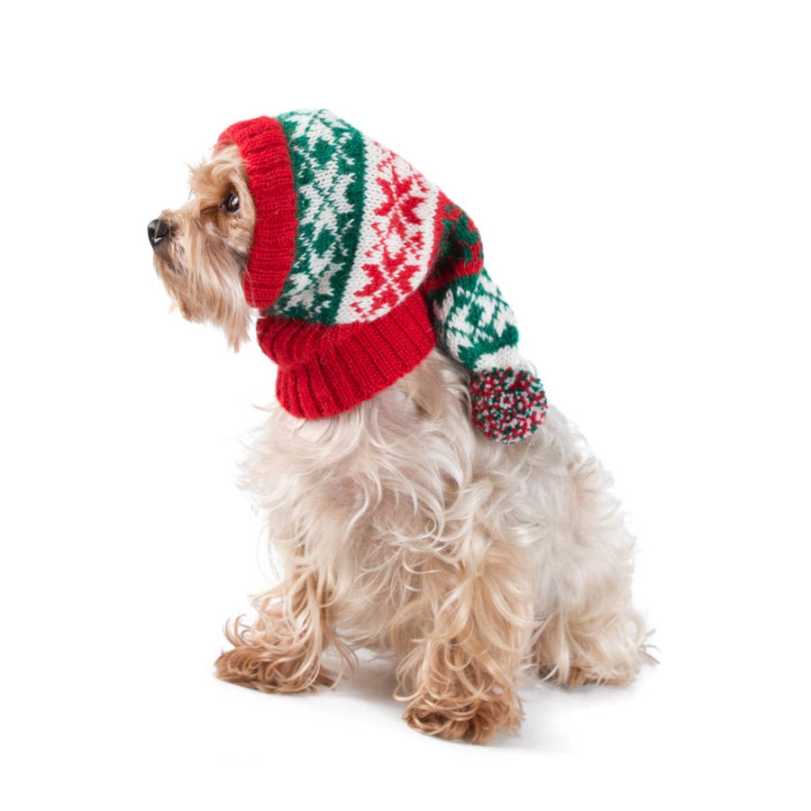 Alpaca wool dog hat in green and red