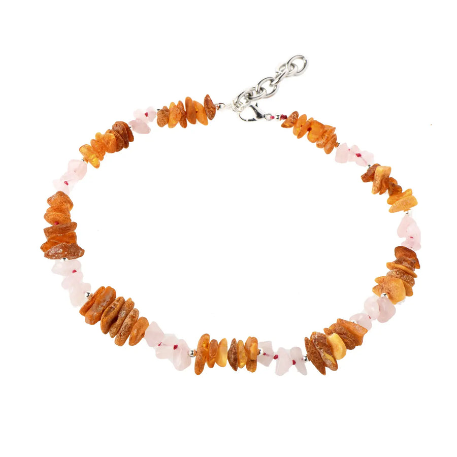 Collier pour chien en ambre avec quartz rose et perles en argent