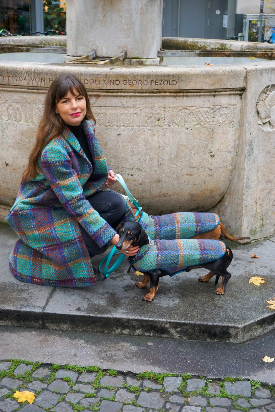 Dachshund turquoise tartan coat Gauguin